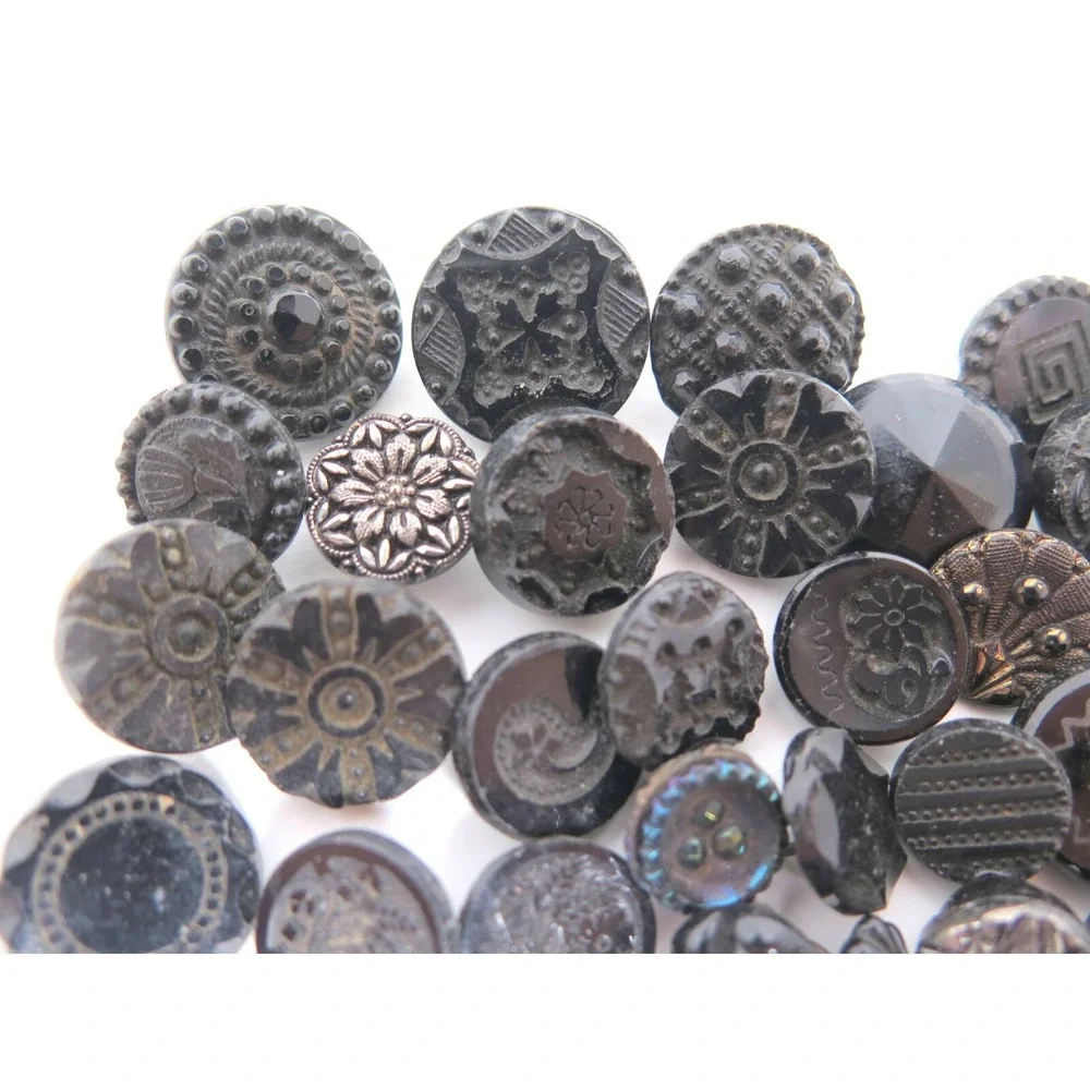 Antique Stunning Carved Molded Black Glass Buttons Lot*Flowers*Highly Detailed‎